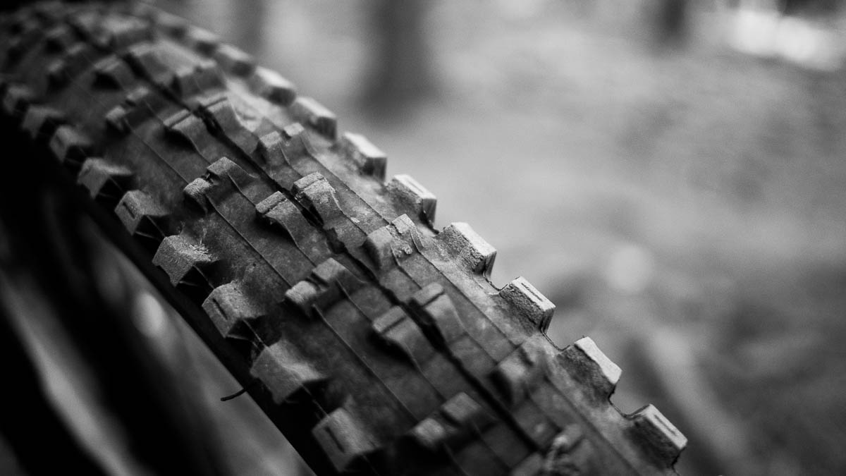 Close-up of front tire tread.